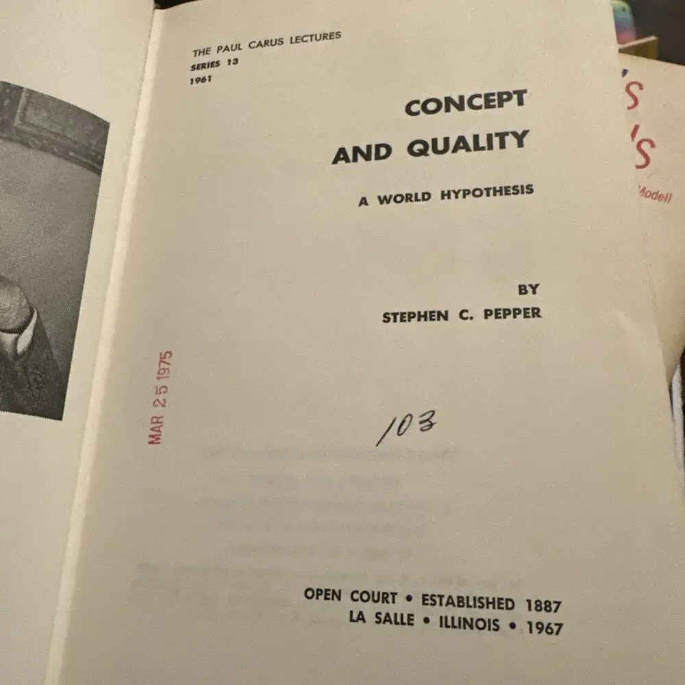Concept and Quality (The Paul Carus Lectures, Series 13) by Stephen Pepper‎ HCDJ